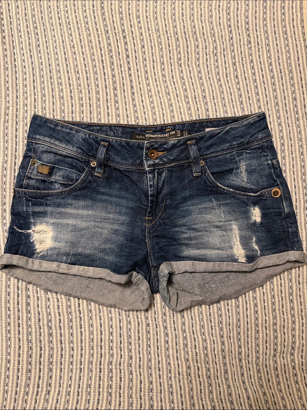 Zara Dark Blue Distressed Rolled-Hem Jean Shorts